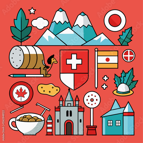 Hand drawn vector icon set featuring swiss cultural symbols and landmarks