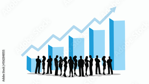 Silhouette of a group of people standing in front of a bar graph with an upward trending arrow