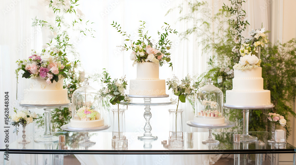 Fototapeta premium Elegant wedding cake adorned with floral decorations under soft overhead lighting.