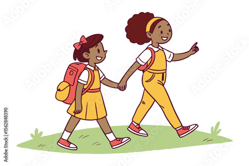 Joyful Journey: Two young girls, beaming with smiles, embark on a shared journey holding hands, their backpacks suggesting the start of a new day filled with promise and friendship.