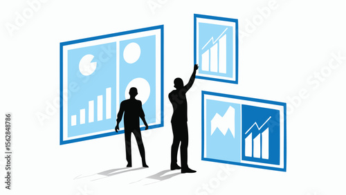 Two silhouetted figures looking at three framed data visualizations with charts and graphs on a white wall