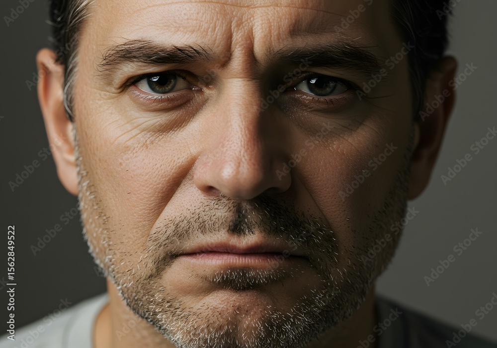 Obraz premium Dramatic close-up portrait of a serious middle-aged man looking directly at the camera with a worried and intense expression, conveying stress and deep contemplation.