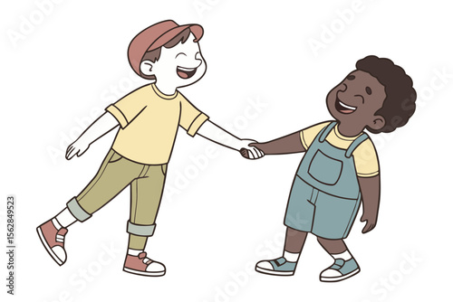 Friends in Harmony: Joyful illustration of two young boys from different backgrounds holding hands and laughing together, embodying friendship, unity, and cross-cultural harmony.