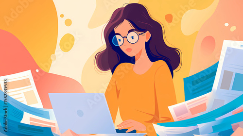 girl with laptop, Woman Reading News on Laptop Illustration
