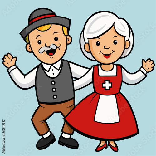 Elderly swiss couple dancing in traditional folk attire