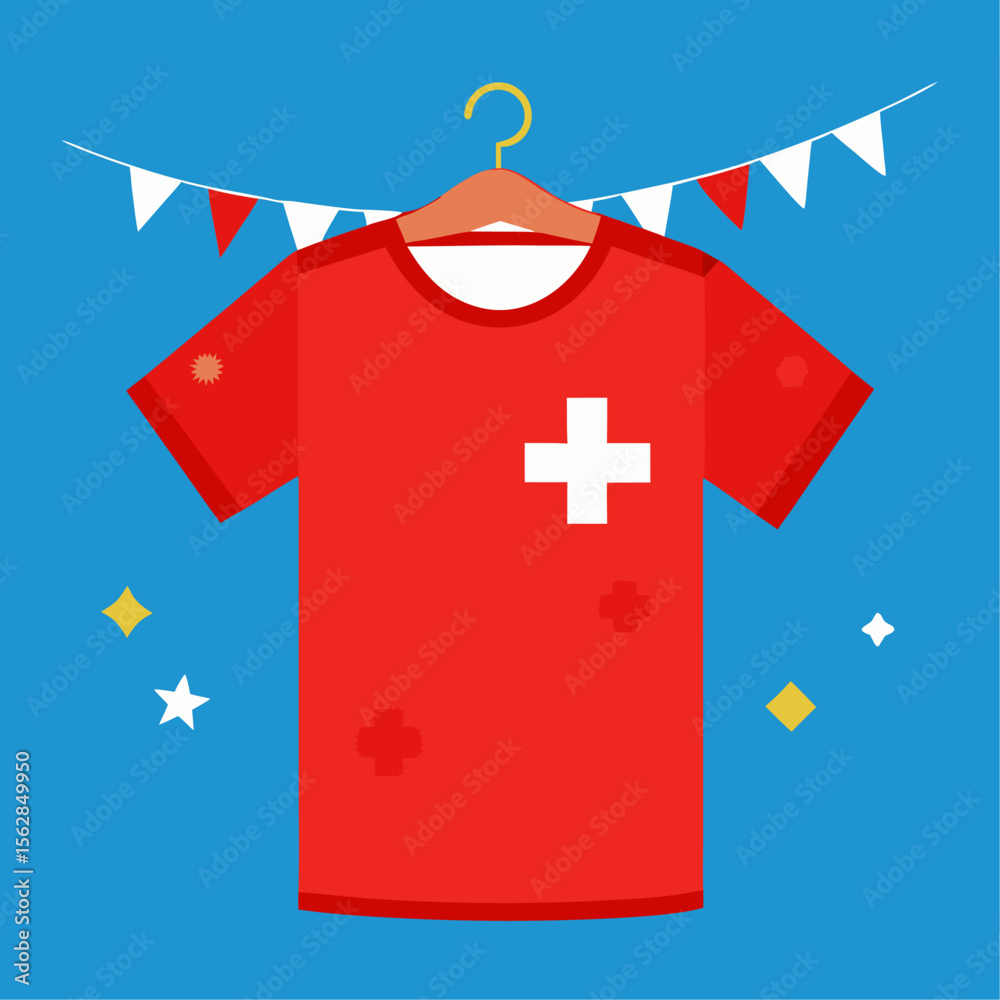 Obraz premium Red t shirt displayed on a natural wooden hanger with swiss flag elements