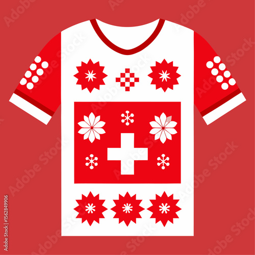 Modern red and white color blocked t shirt with swiss pattern detail