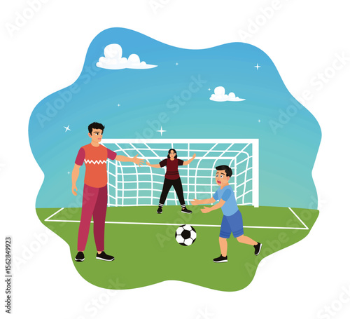 Happy family playing football on the field on a sunny day.