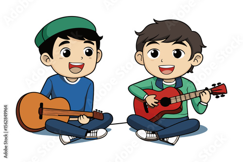 Harmony in Melody: Two young companions share a heartwarming musical moment. One, a maestro of the acoustic guitar, while the other enjoys the vibrant strumming of a melodic guitar.