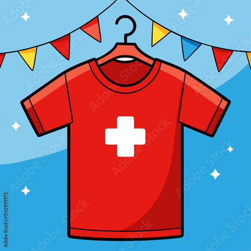 Red t shirt displayed on a natural wooden hanger featuring swiss national day elements