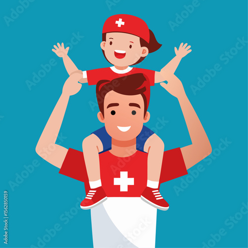 Child wearing a t shirt sitting on parent s shoulders family bonding