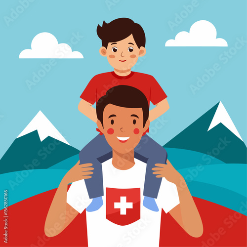 Happy child sits on parent s shoulders wearing a customizable t shirt