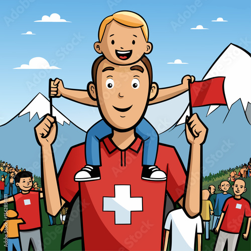 Child on parent s shoulders wearing customizable t shirt mockup