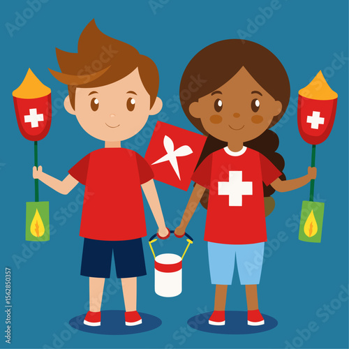 Two happy children proudly holding swiss national flags in a bright outdoor setting