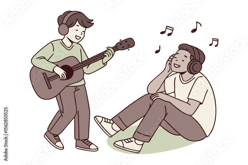 Harmony in Melody:  A captivating illustration depicts a musician serenading his friend with a gentle tune, fostering a sense of joy and companionship through the universal language of music.