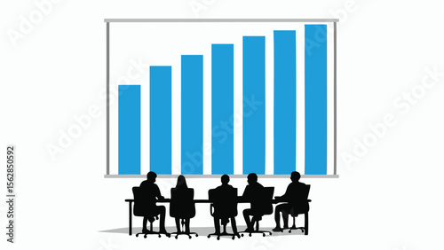 Silhouette of five people sitting at a table in front of a graph showing an upward trend of growth