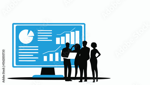Group of people analyzing data on a computer screen with charts and graphs in a business setting view