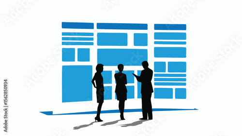 Three people in silhouette standing in front of a blue and white grid design on a white background