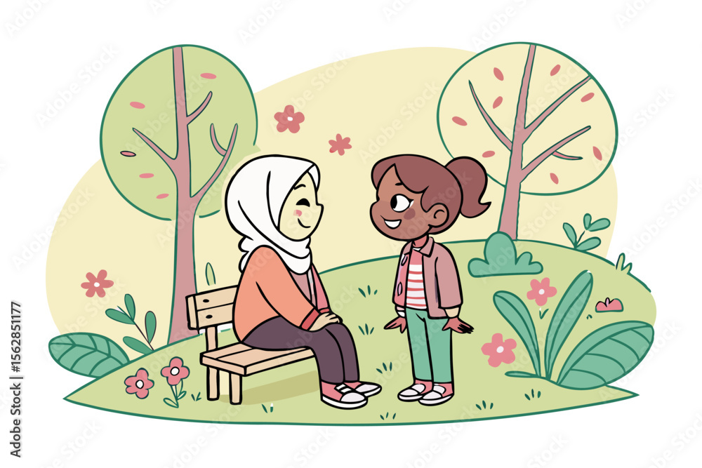 Obraz premium Dialogue in the Park: Two friends engaged in a warm conversation in a park. capturing the essence of their bond and the serenity of their shared space.