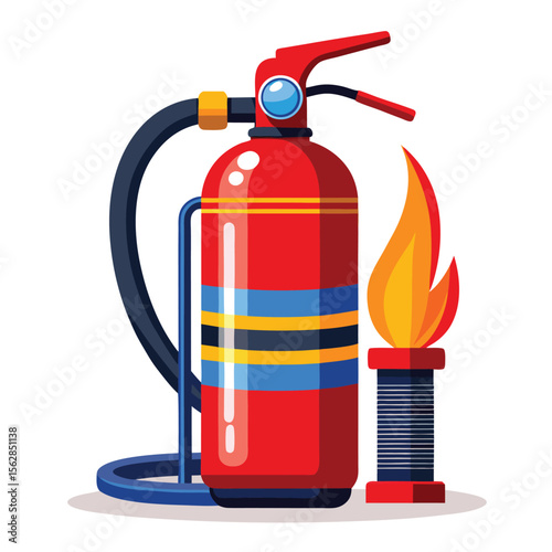 Red fire extinguisher ready to put out a flame on a white background