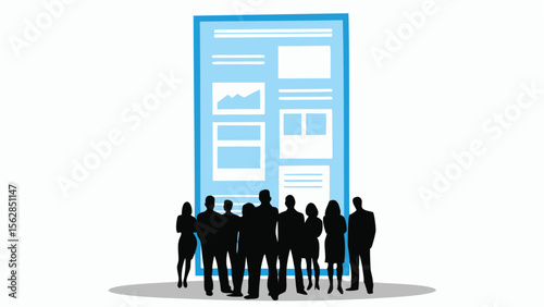 Silhouette of a group of people standing in front of a large blue screen with charts and information