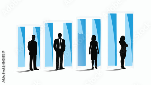 Business people silhouettes standing in front of rising blue bars representing growth and success rate