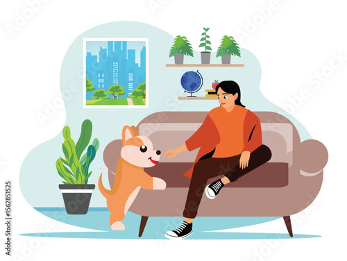 A woman is playing with a dog on the sofa.