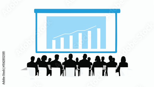 Silhouette of people at a conference watching a presentation with a bar graph and line graph shown