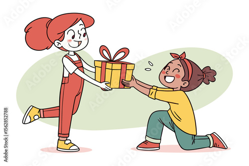 A Gift of Friendship: Two animated female children, with an exciting interaction of present gifting, an intimate display of generosity, camaraderie, and the sweetness of friendship.
