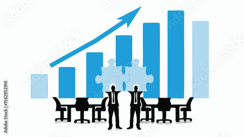 Businessmen holding puzzle pieces in front of a rising bar graph and conference table with chairs