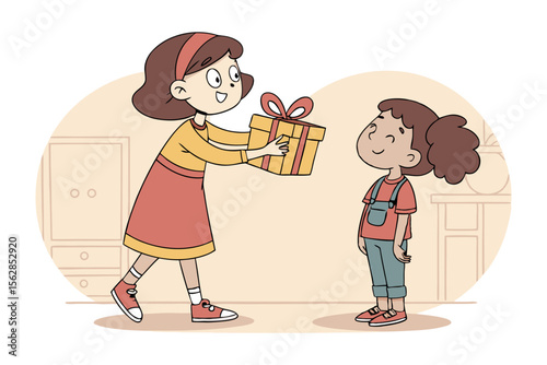 Gift of Gratitude: A heartwarming illustration of a young girl presenting a beautifully wrapped gift to another, conveying a sense of joy and generosity.