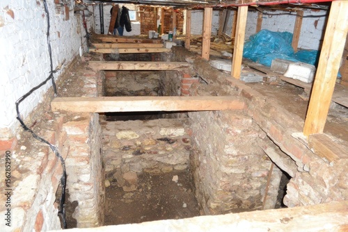 Excavated basement area with exposed brick walls and beams