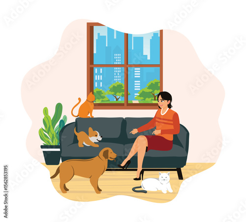 Woman relaxing in sofa and playing with her pet dog and cat.
