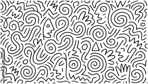 Abstract black line doodle pattern with faces and spirals on white background, isolated on transparent background, generative ai