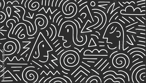 Abstract white line doodle pattern with faces and clouds on black background, generative ai