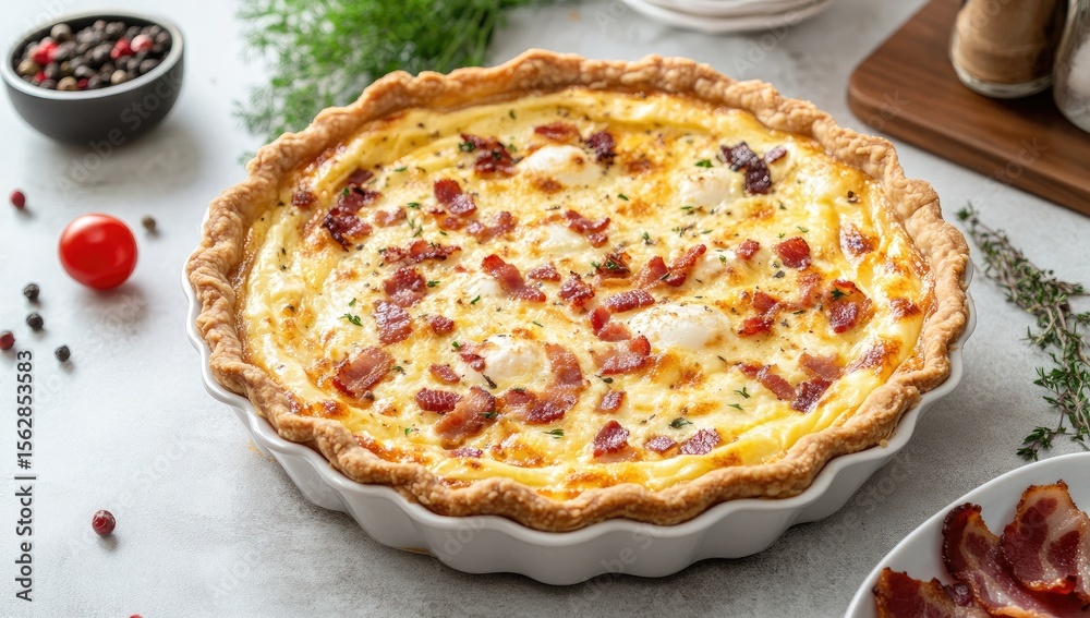 Baked egg quiche with bacon, ready to serve Baked egg quiche with bacon, ready to serve