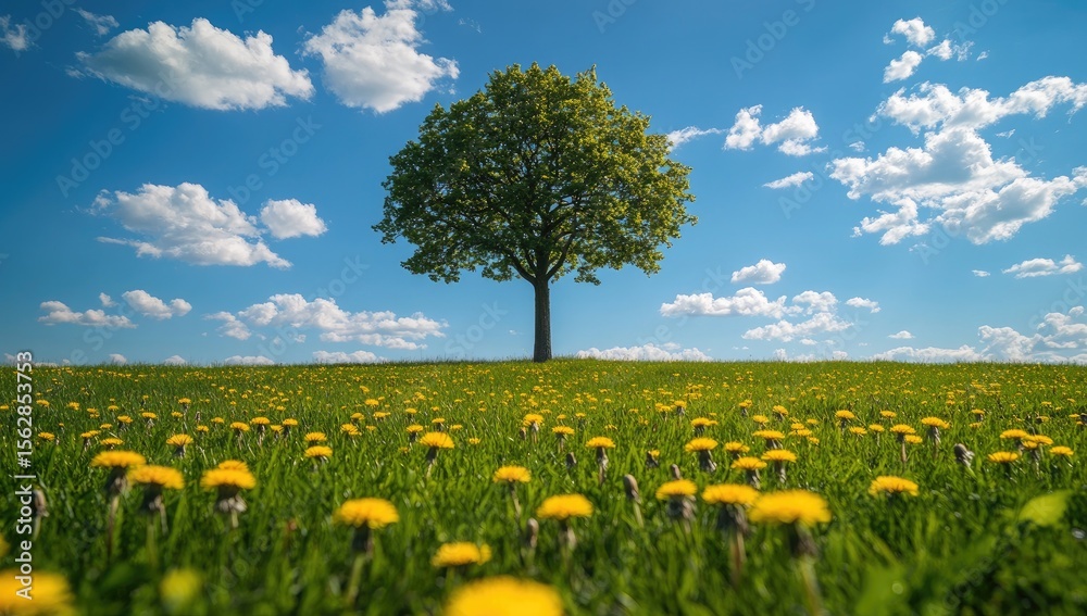 Obraz premium Single tree amidst a field of dandelions under a vibrant sky