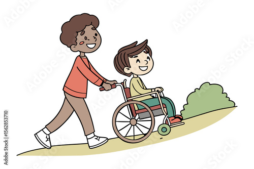 Helping Hands: A smiling boy pushes his friend in a wheelchair uphill, showcasing friendship and support. 