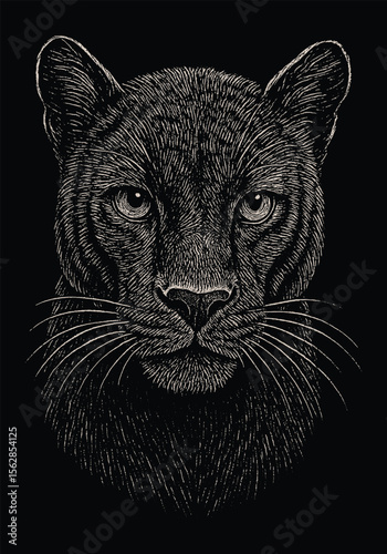 Detailed black panther face in fine hand-drawn ink style, with intense gaze and realistic fur texture on black background.