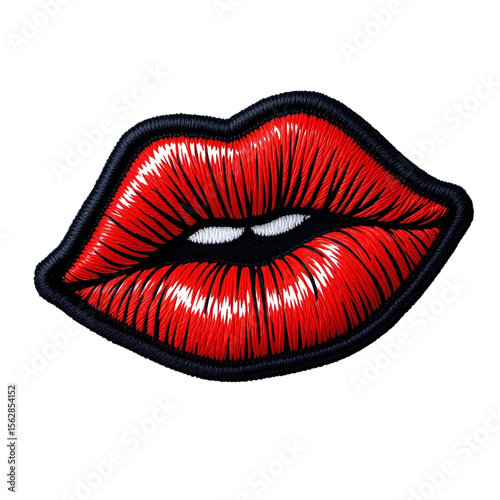Embroidered Red Lips Patch on Black Background Close up