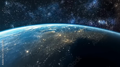 Stunning view of Earth from space showcasing city lights at night with a starry background