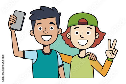 Digital Harmony: Two friends, united by a moment, capture a vibrant self-portrait, a vivid illustration of modern connection, joy and camaraderie.