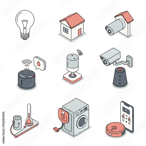 Smart home technology icons:  isometric illustrations of security cameras, smart speakers, lighting, appliances, and energy monitoring devices.