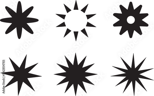 Collection of six black starburst and star shapes on white background