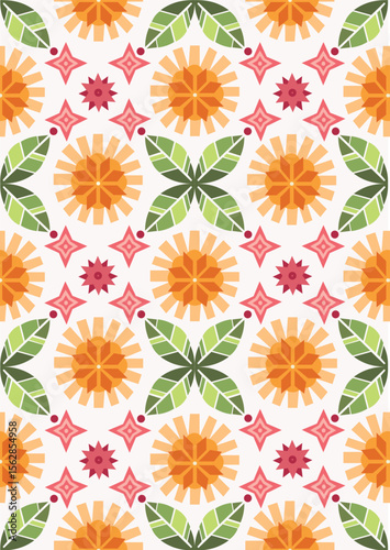 Wallpaper Mural Seamless floral pattern with stylized orange flowers, pink accents, and green geometric leaves on a white background. Flat vector design, ideal for textiles and wallpapers. Torontodigital.ca