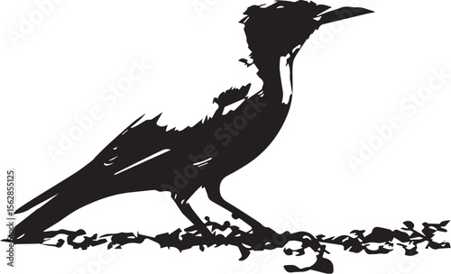 Adobe Illustrator Black Bird Silhouette Standing on Ground – Vector Art Illustration Artwork