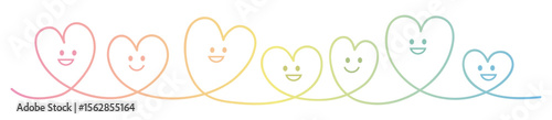 繋がる7つのカラフルグラデーションの線画ハートに笑顔