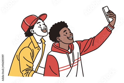 Selfie Session: A close-up shot of two smiling friends taking a selfie, portraying modern social connection and youthful friendship, capturing the essence of fun, communication, and sharing