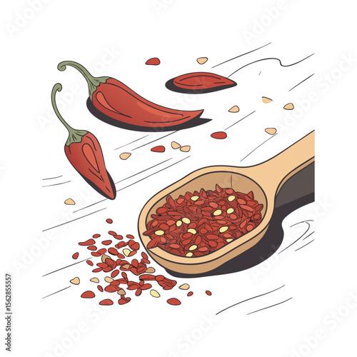 Spicy Red Chili Peppers and Flakes in Wooden Spoon Illustration