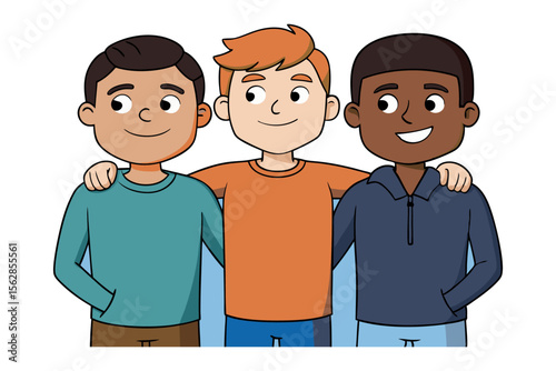 United Friendship: Three diverse male figures standing shoulder to shoulder, illustrating the bonds of friendship, loyalty, and connection through this heart-warming illustration.